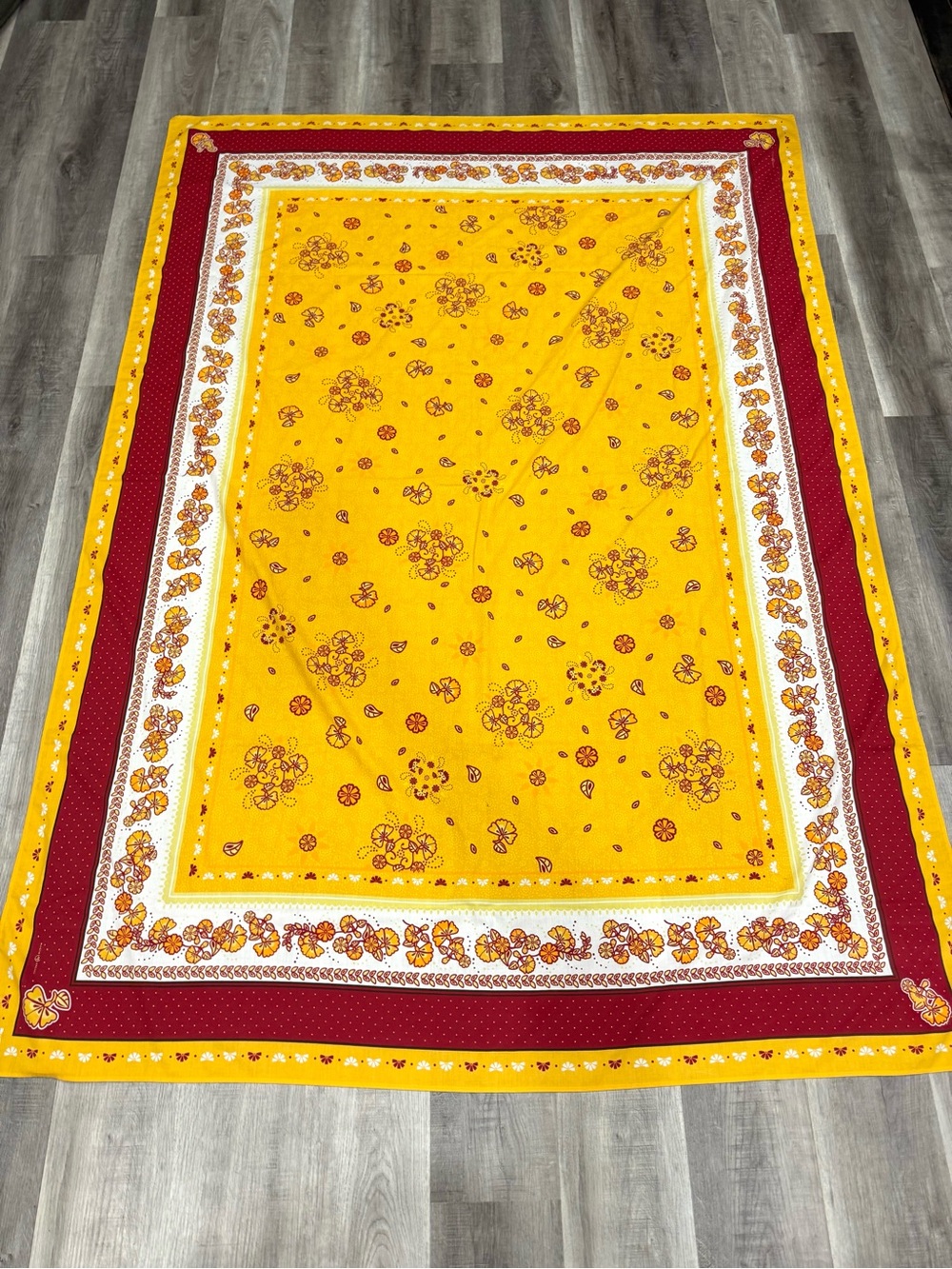 Vintage Yellow Burgundy Floral Twin Flat Sheet Cottagecore Retro Boho Fabric